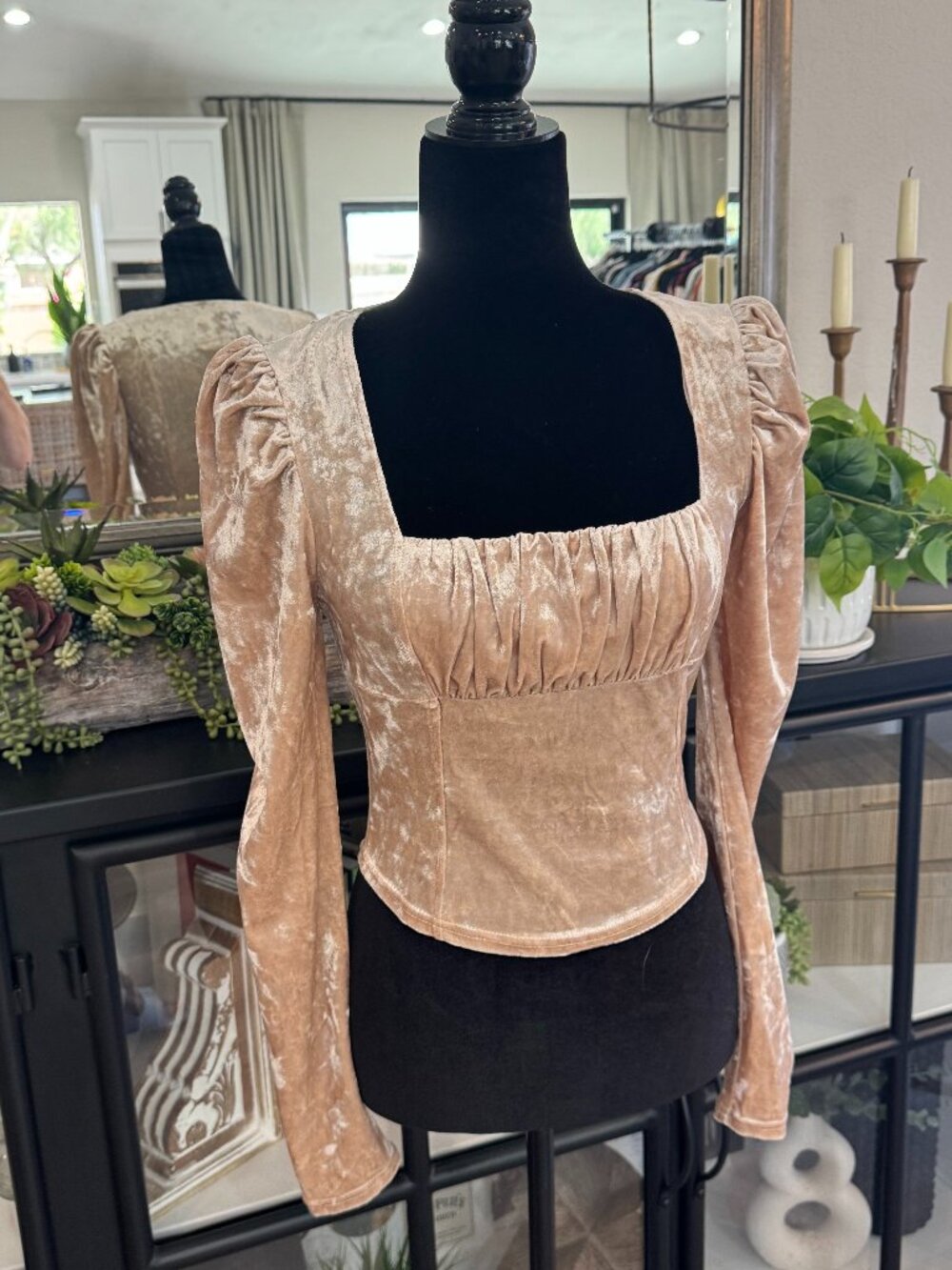 Flying Tomato Blush Crushed Velvet Ruched Square Neck Top - Size M